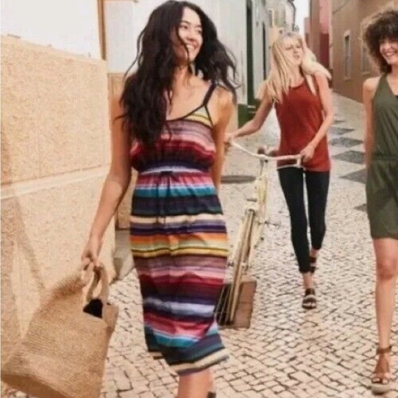 ATHLETA Vibrant colorful Sleeveless Sundress Midi Sun Dress stripe pattern Sz XS - Picture 2 of 16